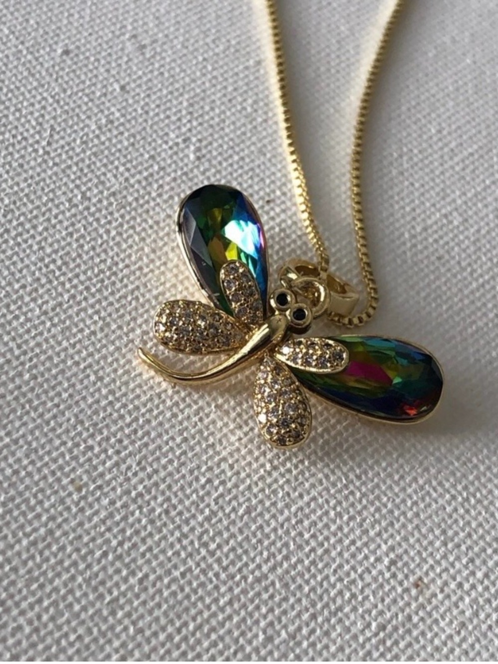 Gold Dragonfly Pendant Necklace with Iridescent Wings